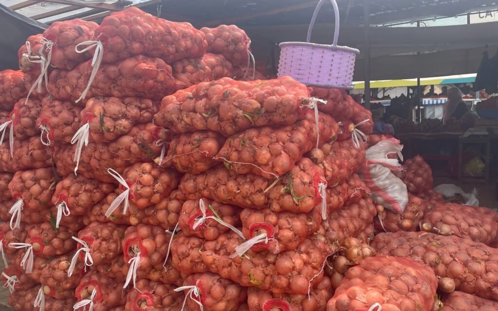 Bulk-packed onions in red monofilament mesh bags at a local market