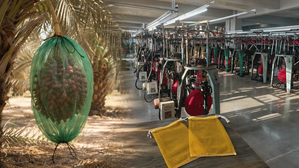 Green double-drawstring date palm bunch cover, monofilament mesh bag production workshop and yellow agricultural mesh bags
