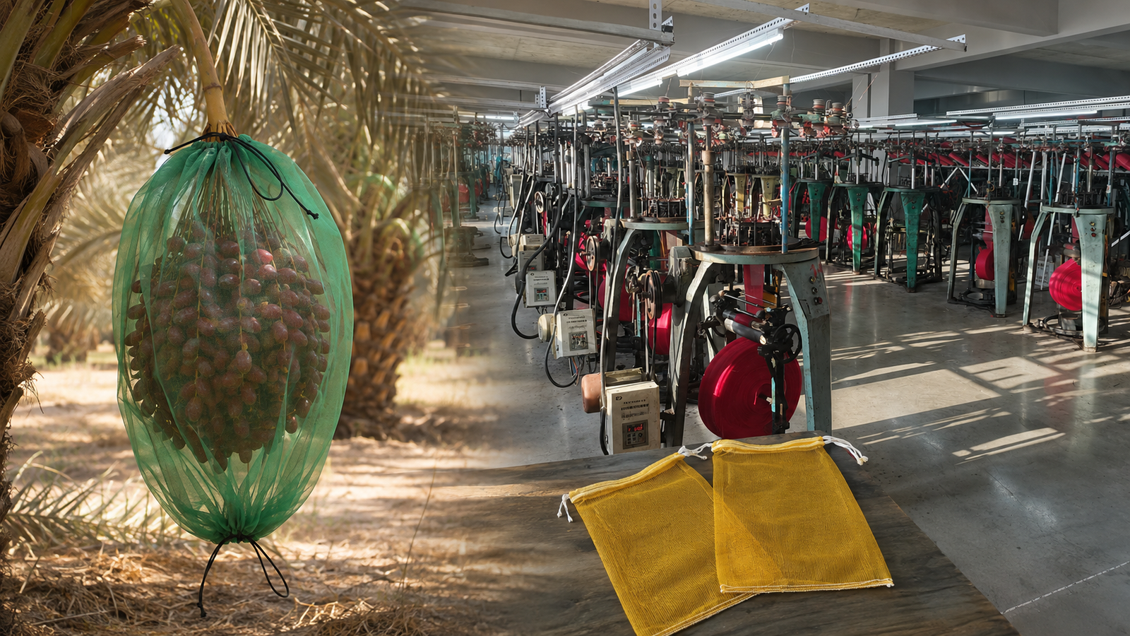 Green double-drawstring date palm bunch cover, monofilament mesh bag production workshop and yellow agricultural mesh bags
